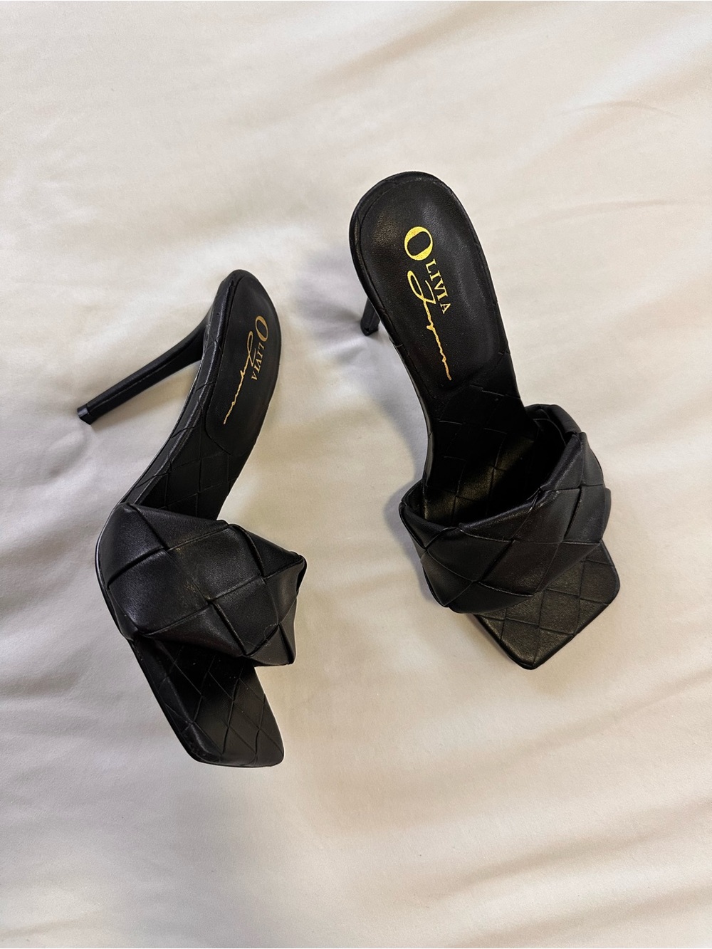 OLIVIA JAMES Black Quilted Square-Toe Stiletto Mules